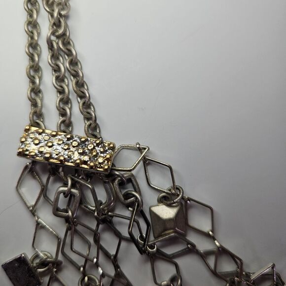 Vintage Chico's Multi-Strand Rhinestone Charm Chunky Silver Tone Necklace - Picture 7 of 9